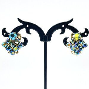 Vintage Clip On Earrings Blue Green Rhinestones Aurora Borealis Square Cluster